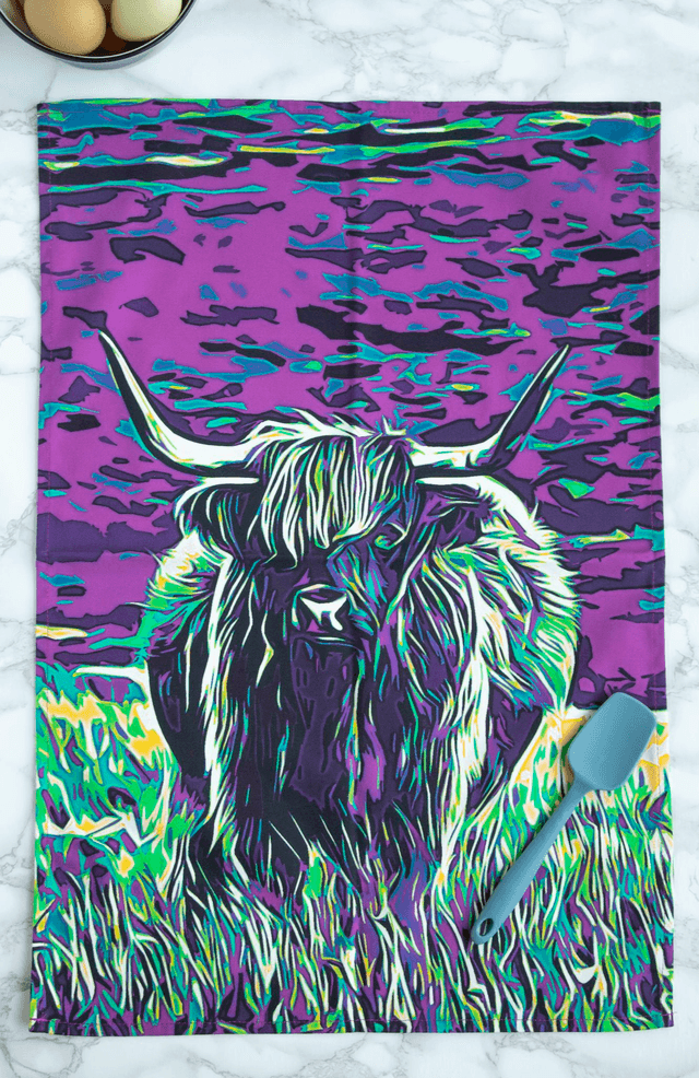 Purple Highland Coo Tea Towel